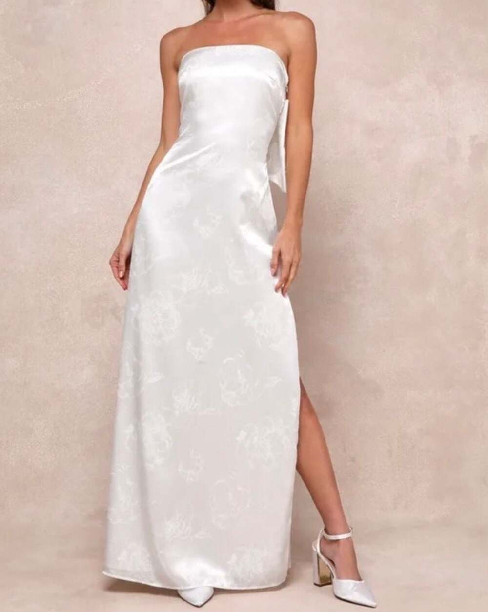 Lulus White Satin Floral Jacquard Maxi Dress strapless Bow Back NEW NO TAGS